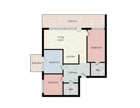 Top-view apartment floor plan showing interior layout with kitchen, bedroom, bathroom, and furniture arrangement for architectural design visualization