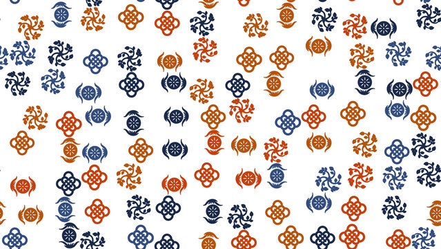 Seamless pattern of blue and orange motifs