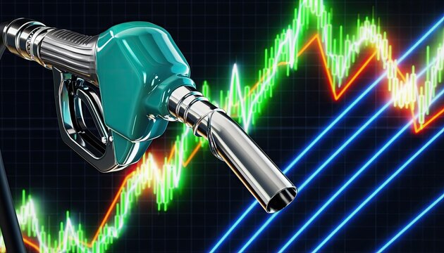 Fuel Pump Nozzle Against a Volatile Stock Market Graph.