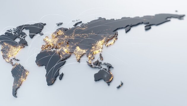 Global Map of Illuminated Cities at Night Showing Population Density and Connectivity.