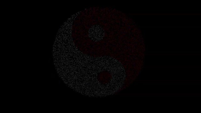 Abstract Red and White Particle Yin Yang Symbol Bursting VFX Overlay on Solid Black Background, 4K UHD ProRes 422 Glowing Taoism Balance Sign Explosion Screen Mode for Spiritual Zen Meditation