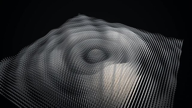 3D Kinetic Wave Animation with Thousands of Glowing Vertical Metallic Rods Forming a Dynamic Undulating Surface on Black Background