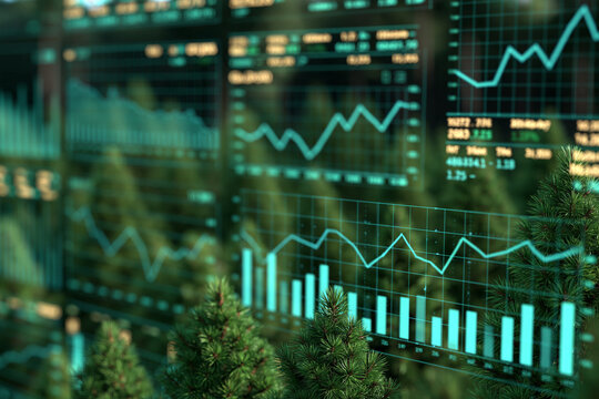 Digital financial charts overlaying pine trees