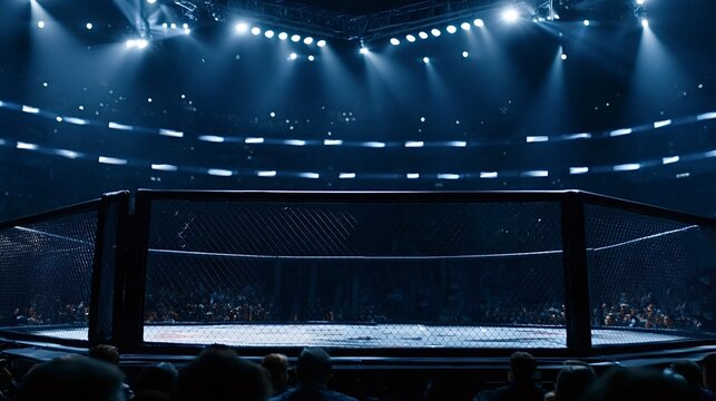 Empty mma octagon cage bathed in dramatic spotlights at night, standing center in a dark arena with blurred spectators filling the stands, intense atmosphere and copy space