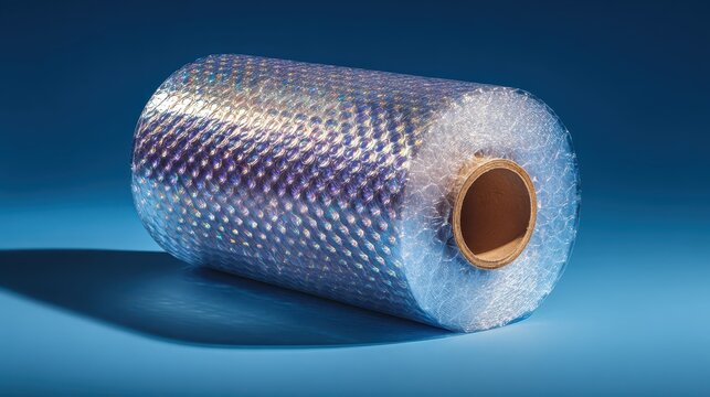 A roll of iridescent bubble wrap sits on a blue surface with a deep shadow. This material offers protective packaging for fragile items during shipping.