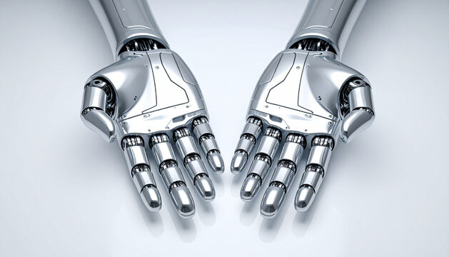 Futuristic Shiny Chrome Robotic Hands Open on a Reflective White Background