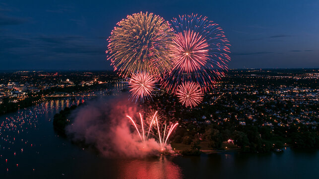 colorful fireworks exploding over city skyline and river