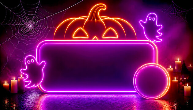 Neon Halloween sale frame with glowing pumpkin and ghosts
