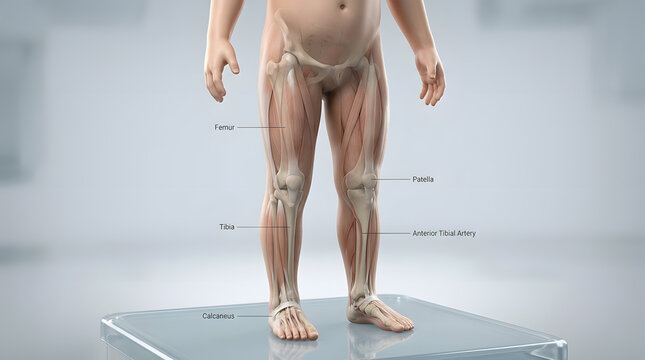 Detailed view of a human body model displaying muscles, bones, and tendons, positioned on a scale in a clinical or educational setting.