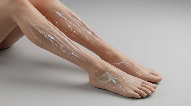 Varicose veins on female legs, vascular disease visualization on skin, medical illustration of spider veins and blood vessels on feet