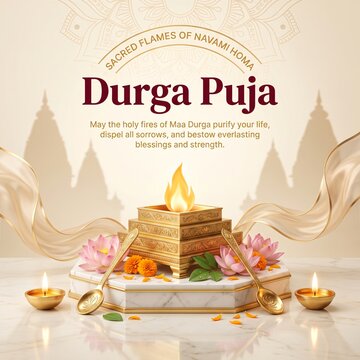 Subho Durga Puja greeting card social media post template banner design with sacred brass havan kund sacrificial fire altar pink lotus flowers burning brass diya lamps on marble pedestal post