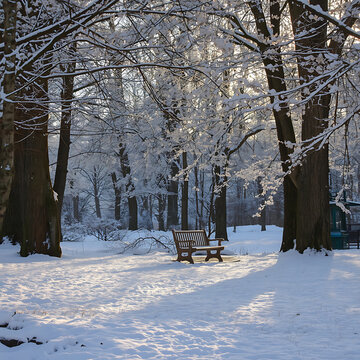 Empty wooden bench in a snowy park during winter