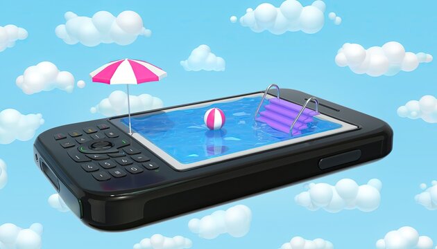 Creative Concept of a Smartphone as a Swimming Pool in the Sky.