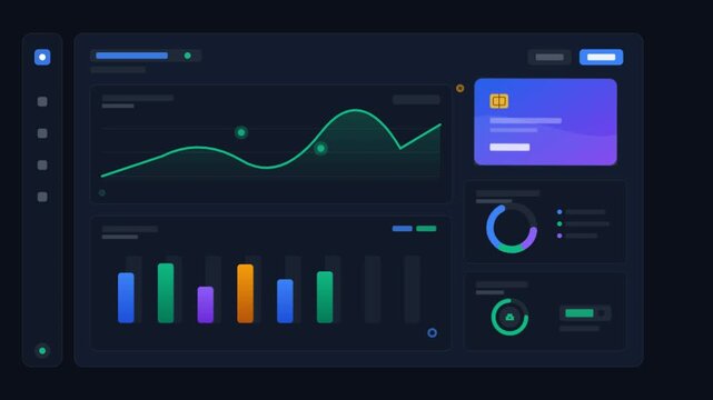 Futuristic dark mode business dashboard interface, financial data analytics user interface with animated charts, modern tech UI UX overview presentation screen