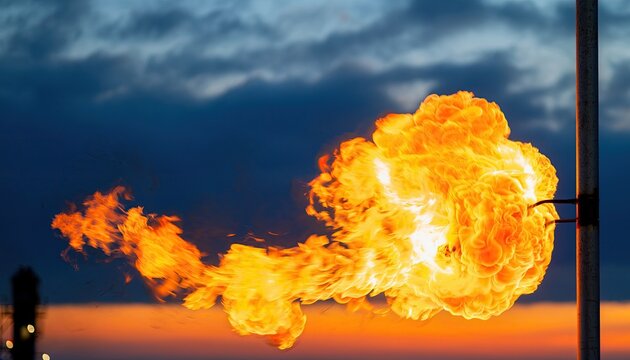 Massive Industrial Flare Stack Ignites With Intense Orange Flames Against Dusk Sky.