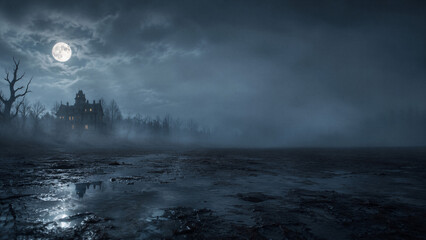 Fototapeta premium Haunted house beside a moonlit shore beneath cloudy skies. Halloween horror backdrop with foggy woods and eerie mansion. Spooky season, supernatural fantasy and suspense concept. Copy space.