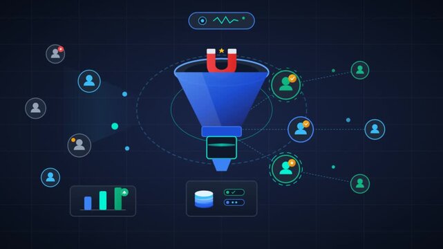 Digital marketing funnel animation, customer acquisition concept with magnet attracting leads, sales conversion and lead generation graphics