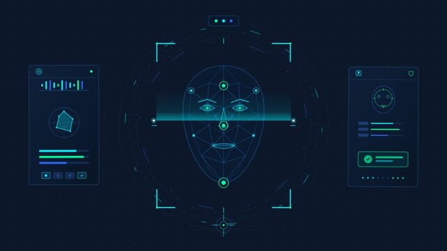 Futuristic facial recognition interface, biometric face scanning HUD, cybersecurity digital identity verification screen