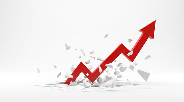 Red arrow showing inflation and economic growth amid shattered paper. Financial crisis recession. stock price increase falling, bankruptcy risk loss, chart graph statistic