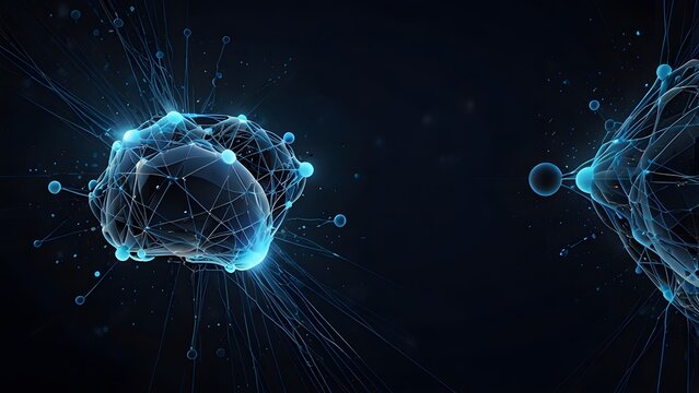 Artificial intelligence digital brain concept constructed from glowing blue network mesh nodes against a dark background
