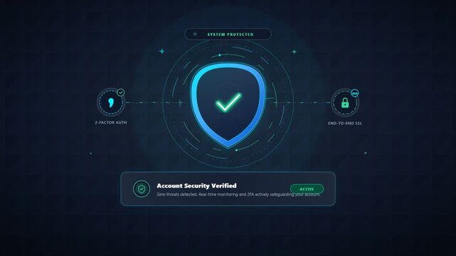 Cybersecurity account security verified user interface overlay, digital glowing shield motion graphic animation, network data protection UI element