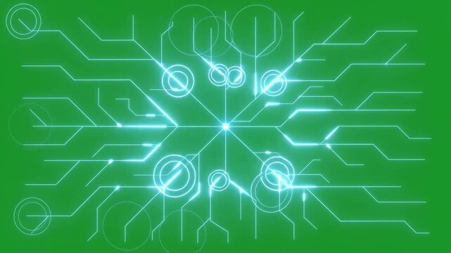 Glowing Digital Circuit Board Network Spreading Futuristic Light Energy Connection with Dynamic Technology Pattern on Vibrant Green Screen