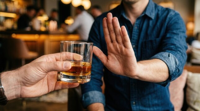 Person refuse to drink alcohol as part of a stop alcohol concept.