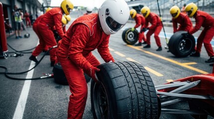 Naklejka premium Pit crews in a Formula 1 pit lane working in action to quickly change tires