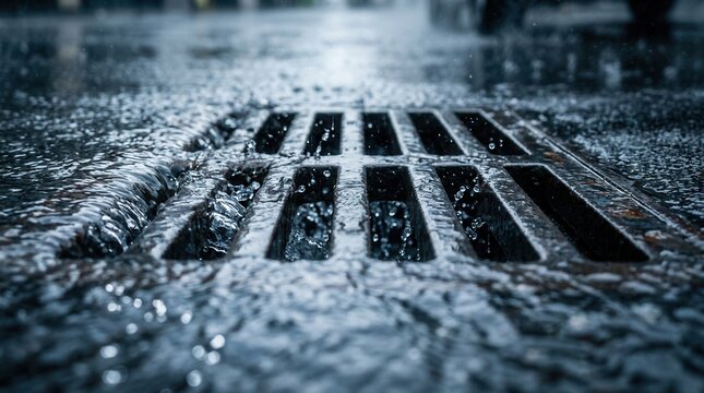 Storm drain metal grate with flowing rainwater during rain