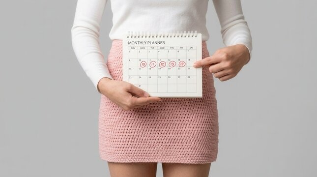 Calculating ovulation day or family planning with a female holding a period calendar with red marks.