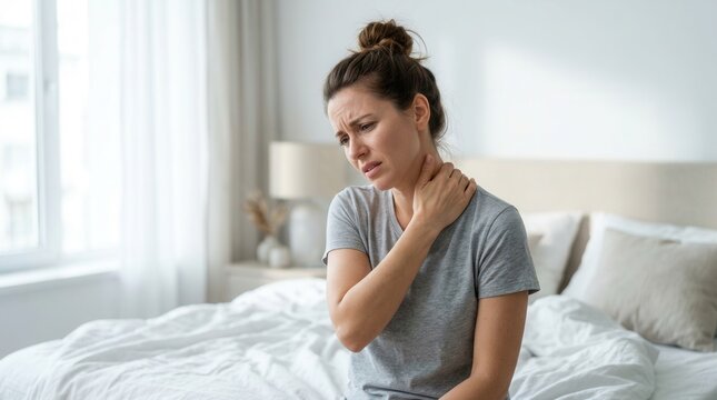 Girl feeling neck and shoulder ache after sleep in her bedroom.