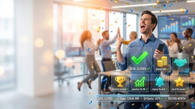 Sales Deal Closed with Victorious Salesperson Celebrating a Record Contract, Annual Recurring Revenue, Sales Quota Achievement and Strong Pipeline Growth in a Bright Modern Office