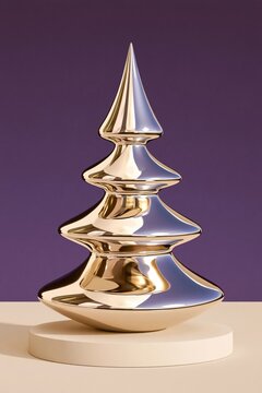 Metallic gold and silver christmas tree sculpture with layered conical shape on cream pedestal against deep purple background