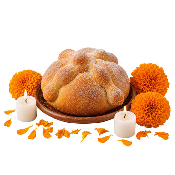 Pan de muerto sweet bread on a clay plate with marigold flowers, lit candles and petals for Day of the Dead Dia de Muertos altar