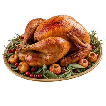 Whole roasted turkey with crispy golden skin on a rustic platter with baked apples, cranberries, sage and rosemary, isolated holiday feast