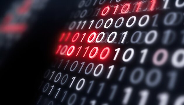 Digital Binary Code Data Stream with Red Highlighted Information.