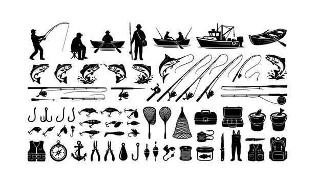 Fishing Adventure Silhouette Set with Anglers Boats Fish Rods Reels Lures Nets and Tackle Equipment Black and White Vector Illustration for Outdoor Sport