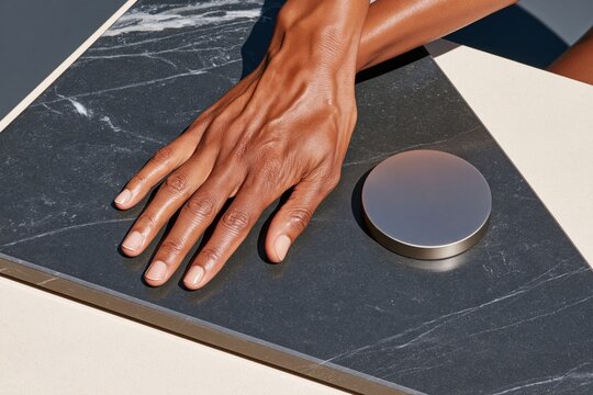 Dark skinned hand resting on black marble slab beside round metallic object, close up with natural nails and soft shadows