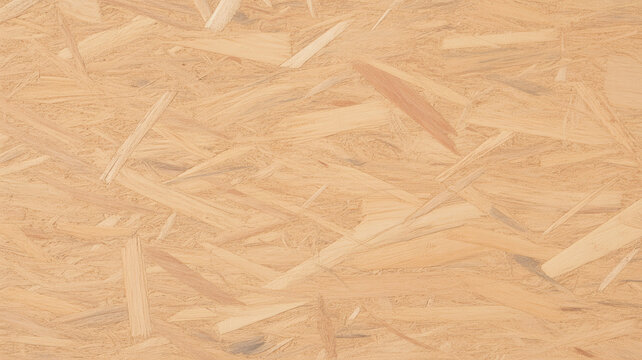 Oriented strand board texture showing a close up view of compressed wood chips and flakes in light brown natural timber colors