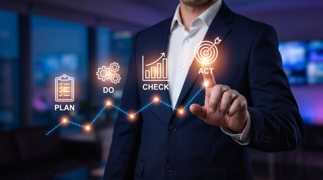 Businessman activating PDCA cycle icons showing plan do check act methodology for business process improvement