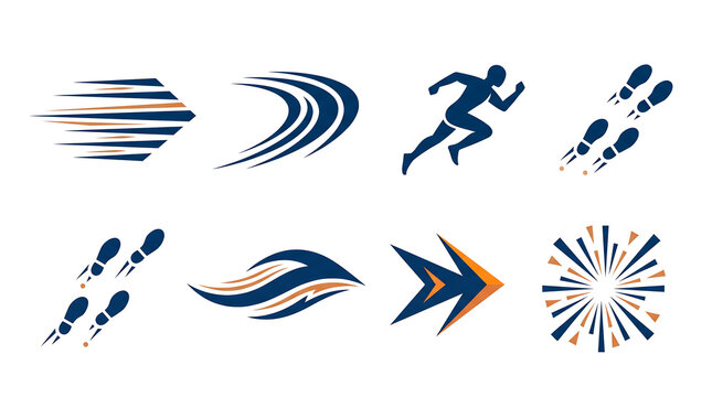 Collection of Speed and Motion Icons Running Silhouette, Footprints, and Abstract Lines.