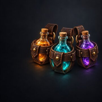 Potion belt slot icons set, calm fantasy game UI background