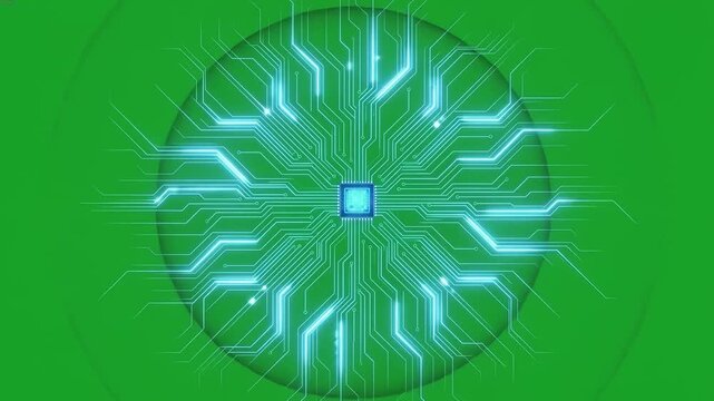 Luminous digital circuit board radiating powerful technological energy with glowing microchip network inside futuristic green background frame