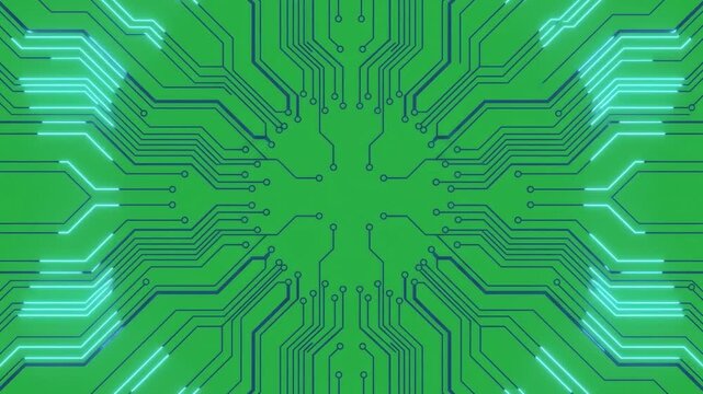 Abstract glowing green digital circuit board pattern with futuristic cyber network texture, microchip motherboard background technology