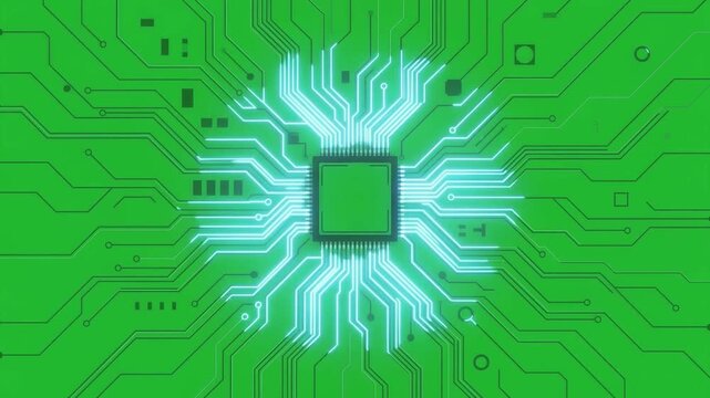 Glowing green microchip processor on circuit board background radiating dynamic electronic energy with futuristic technological innovation