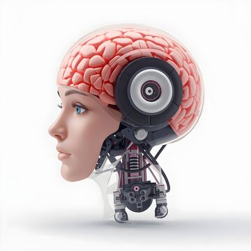 Futuristic Cyborg Woman Head with Brain Model Concept of AI, Neuroscience, and Machine Learning. 