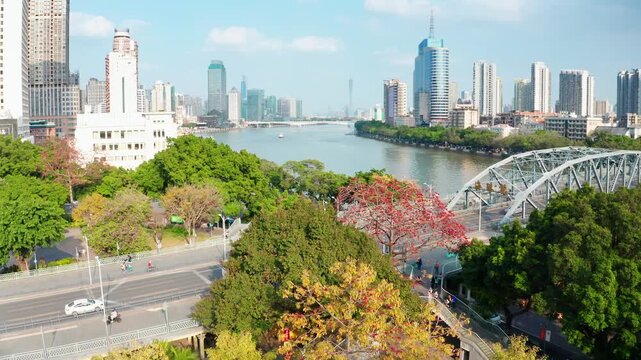 Flower framed Haizhu Bridge approach and steel arches in Guangzhou