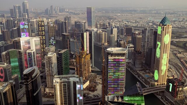 dubai cyberpunk city with overlayed code and data on the buildings