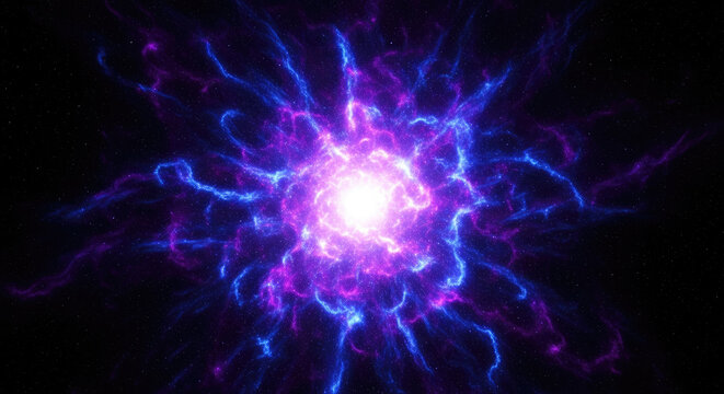 A vibrant, energetic explosion of purple and blue plasma radiates outward from a central white core.