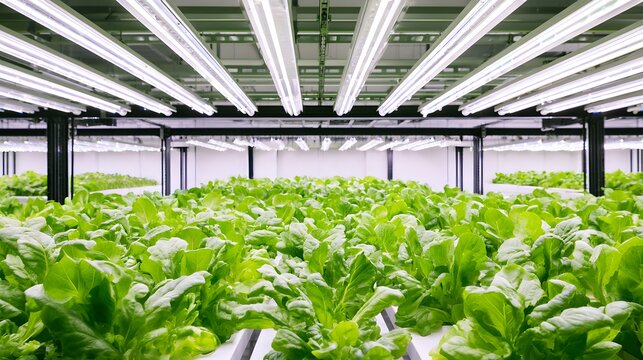 Indoor vertical farm with hydroponic lettuce under LED lights